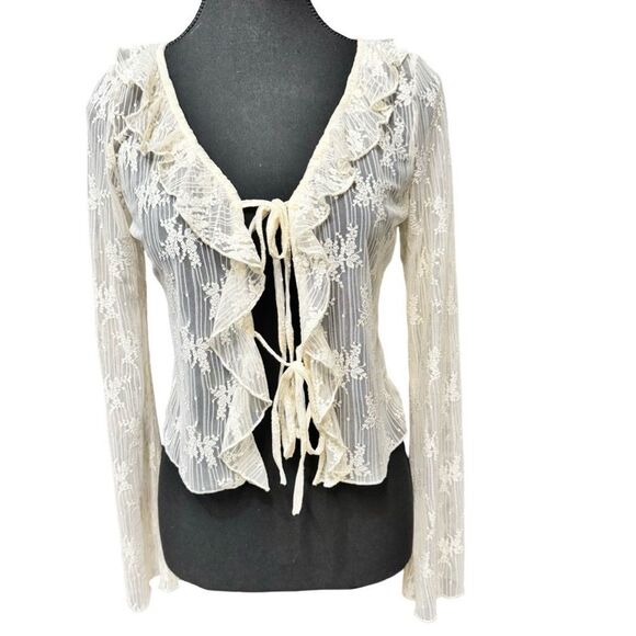 Blouse – Size Small Thirty Thirty Cream Sheer Lace Ruffle Tie Top - Picture 1 of 5